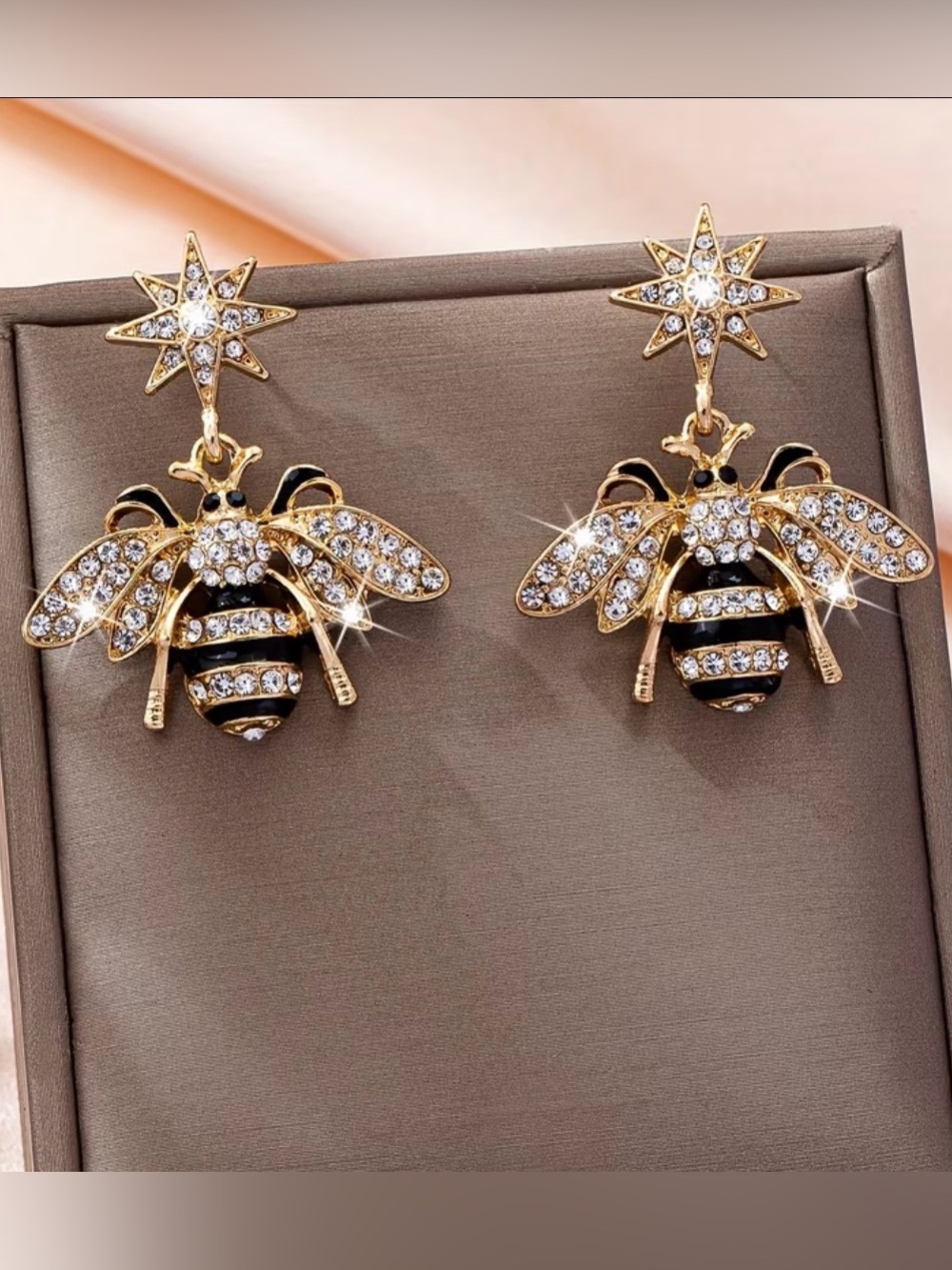 Gold Bee Drop Earrings with Black and Clear Crystal Accents